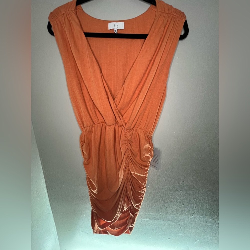 Vibrant Cocktail Mini Dress NSR Sam Knit Ruched V-Neck Orange NWT Size Med